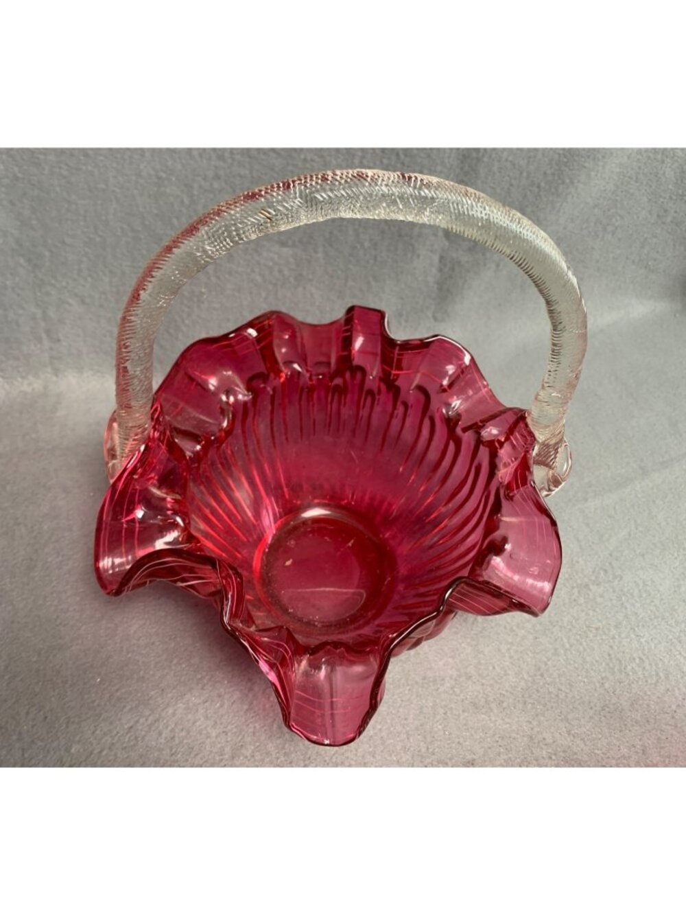 Hand-Blown Cranberry Glass Basket Ruffled Edge & Clear Handle Vintage - Picture 10 of 14